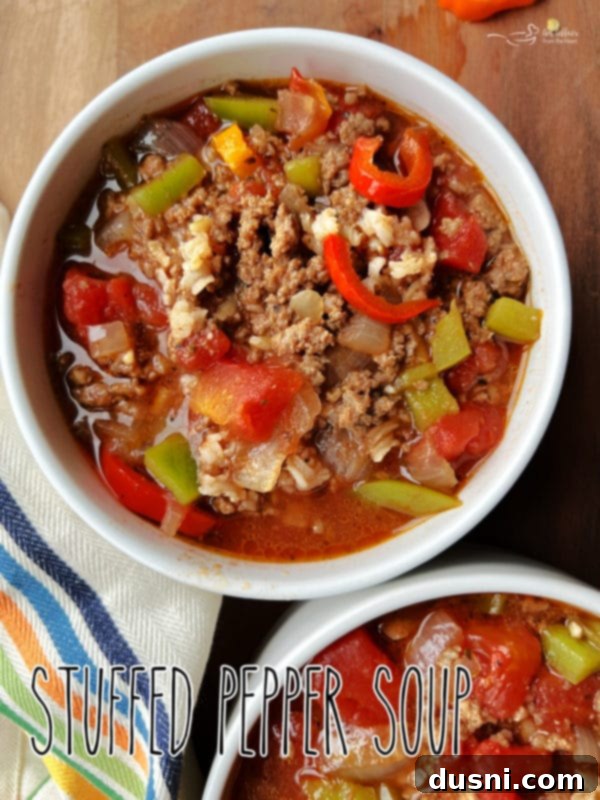 A vibrant, close-up hero shot of Stuffed Bell Pepper Soup, showcasing its rich texture and inviting colors.