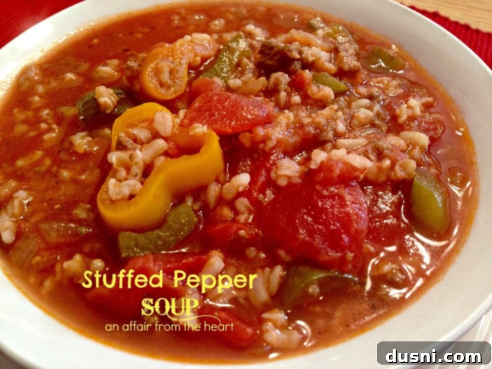 A close-up shot of Stuffed Pepper Soup in a white bowl, garnished with fresh herbs, ready to be enjoyed.