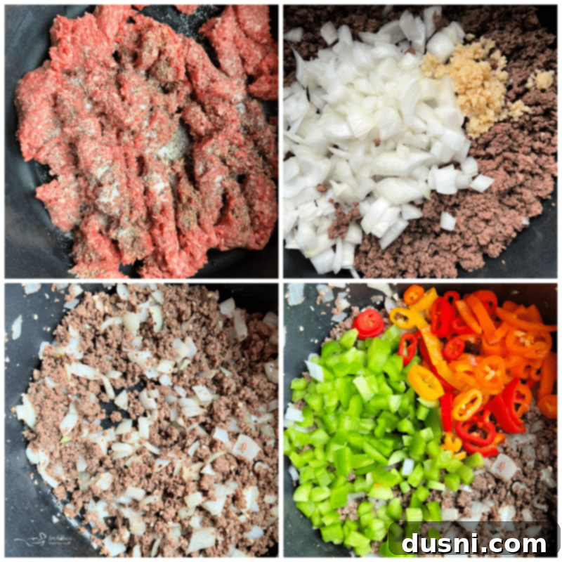 A Dutch oven with ground beef browning, ready for the next step in making Stuffed Pepper Soup.