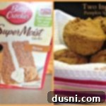 Two-ingredient pumpkin spice muffin ingredients and the finished product on a wooden board