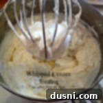 Whipped cream frosting in a mixer with text "whipped cream frosting"