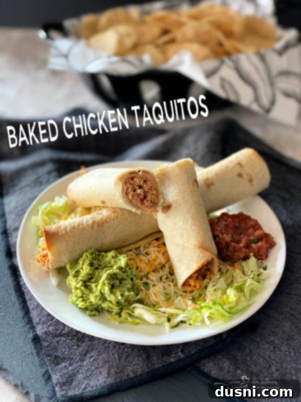 Plated Baked Chicken Taquitos with various toppings and a fork