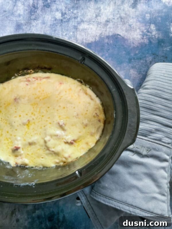 Melted Swiss cheese on Crock Pot Reuben Dip
