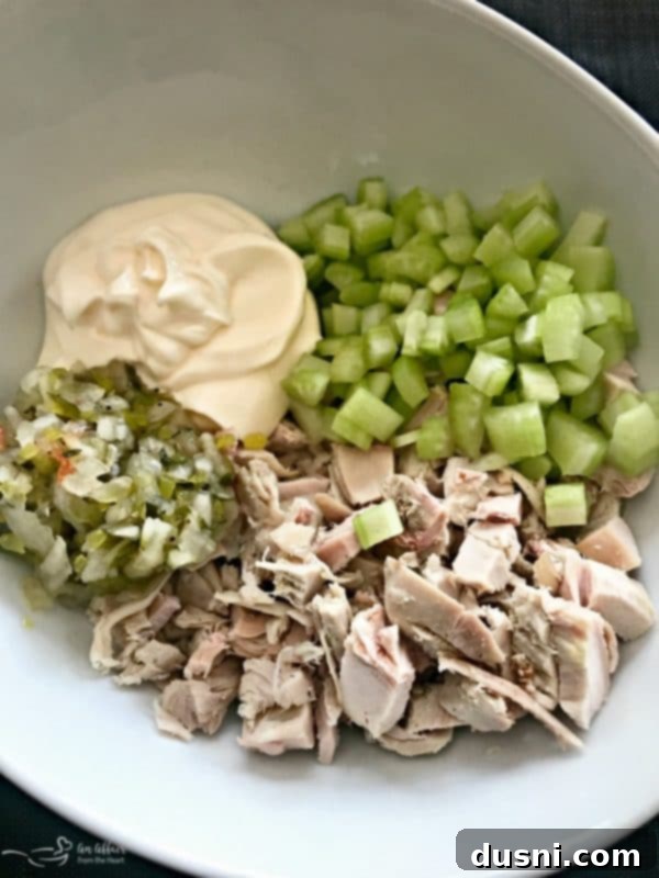 Ingredients for Turkey Salad Sliders: Chopped Turkey, Celery, Mayo, and Pickles