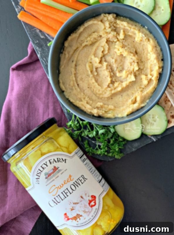 Sun-Kissed Mezze Platter with Creamy Cauliflower Hummus 6 Close-up of Cauliflower Hummus using Paisley Farm Sweet Cauliflower