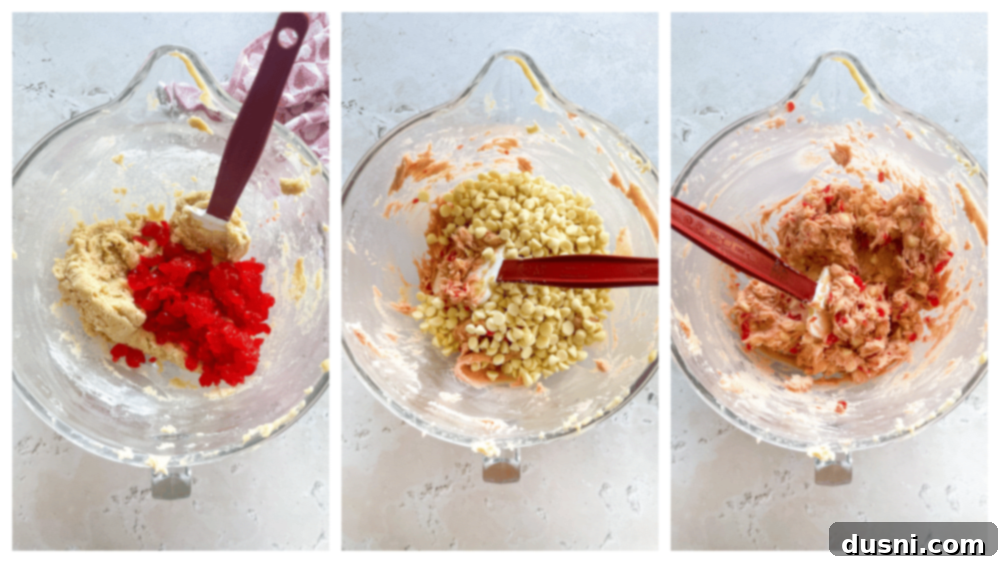 Luscious White Chocolate Cherry Cookies 10 Folding in Maraschino cherries and white chocolate chips into cookie dough