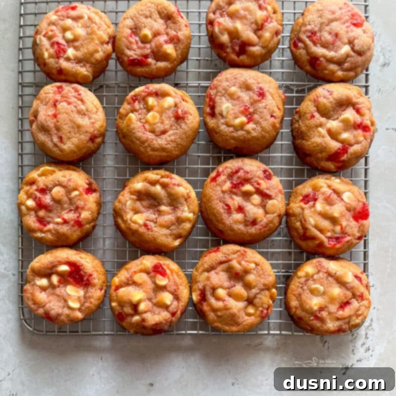 Luscious White Chocolate Cherry Cookies 11 White Chocolate Cherry Cookies on a baking sheet