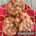 Luscious White Chocolate Cherry Cookies 20 White Chocolate Cherry Cookies on a red and white cloth napkin
