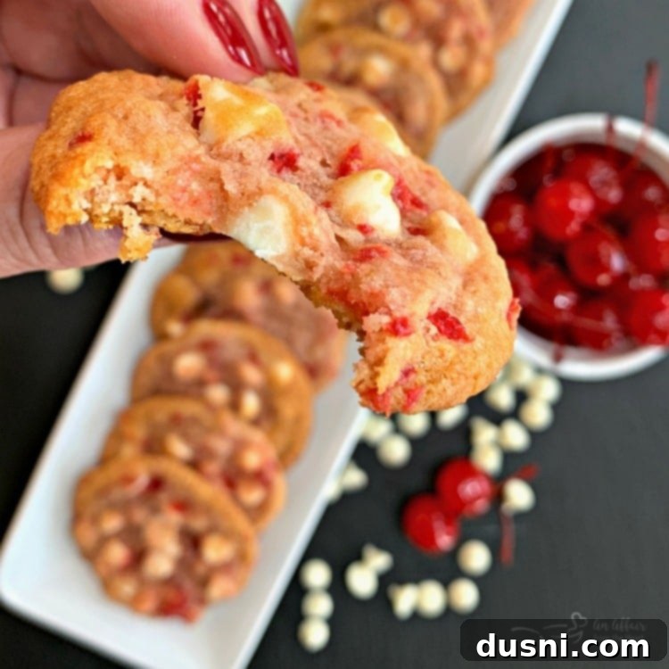 Luscious White Chocolate Cherry Cookies 3 Close-up bite of a White Chocolate Cherry Cookie