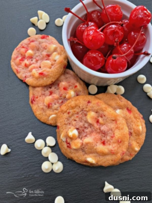 Luscious White Chocolate Cherry Cookies 5 White Chocolate Cherry Cookies with Maraschino cherries scattered