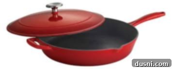 Enameled Cast Iron Skillet with a matching lid.