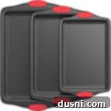 Set of various sized non-stick cookie sheets for baking and roasting.