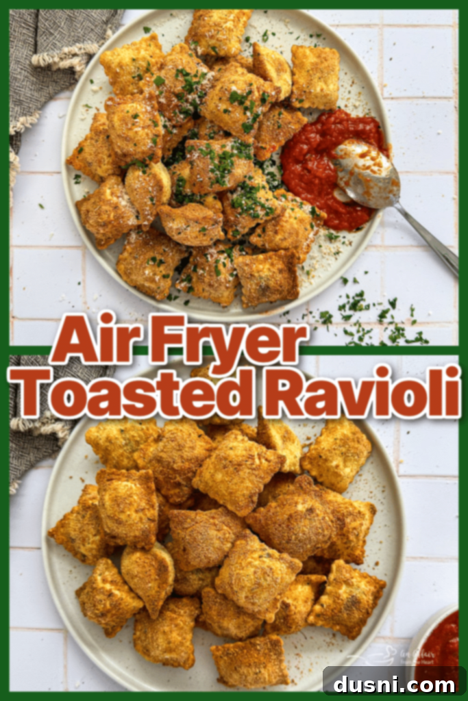 Plated air fryer toasted ravioli with marinara sauce.
