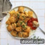 Overhead of Air Fryer Toasted Ravioli with a spoonful of tomato sauce on a white plate.