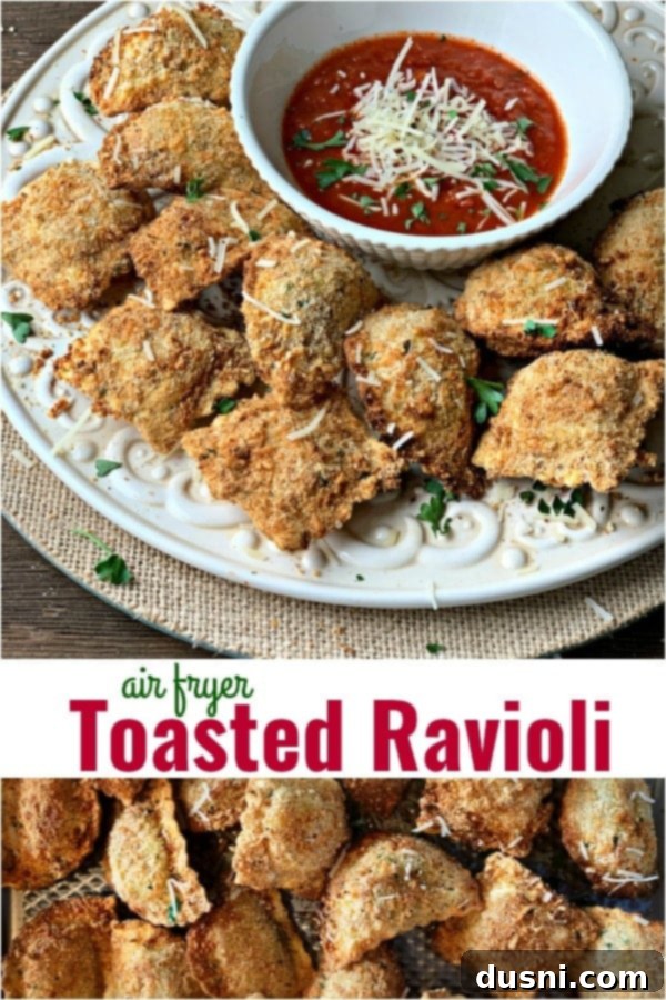 Pinterest double image with text "Air Fryer Toasted Ravioli"