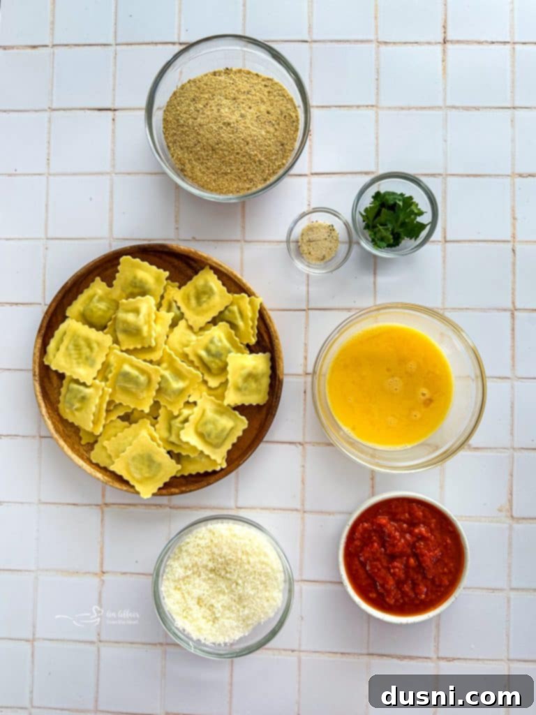 Freshly air-fried toasted ravioli on a plate.