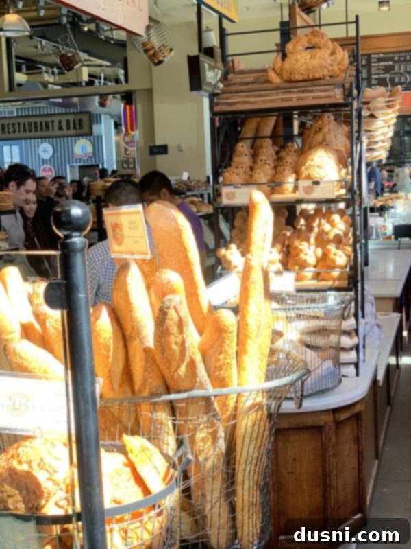 View of freshly baked sourdough bread at Boudin's Bakery, Fisherman's Wharf, San Francisco