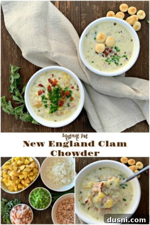 Overhead shot of Instant Pot New England Clam Chowder in two bowls with oyster crackers and a spoon
