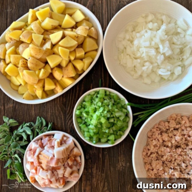 Prepared ingredients for Instant Pot New England Clam Chowder, including chopped bacon, celery, onions, potatoes, and clams