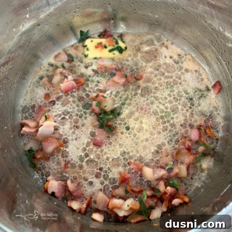 Bacon cooking in the Instant Pot on sauté mode, with prepared vegetables nearby