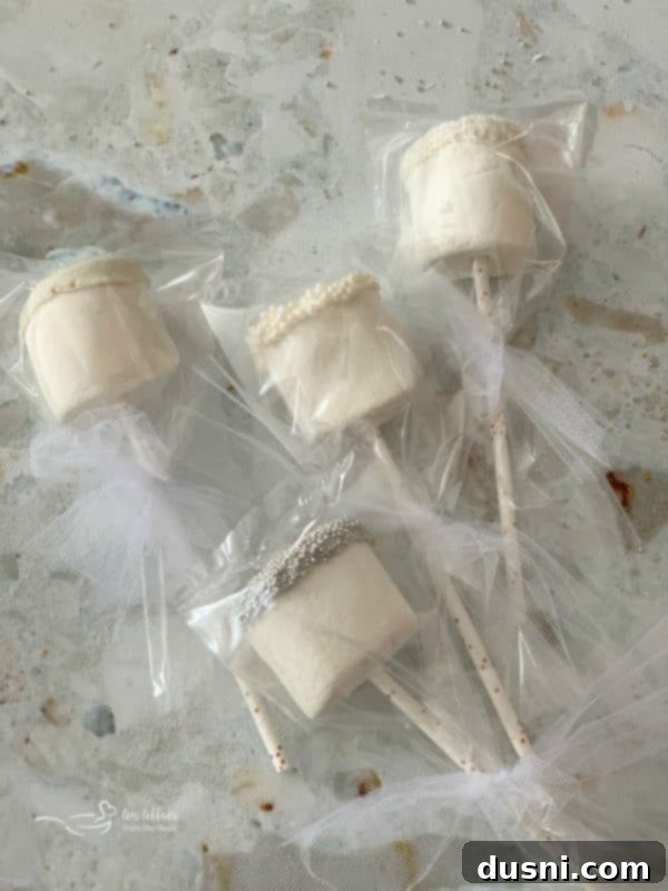 Enchanted Winter Mix 13 White Chocolate Dipped Marshmallows packaged as party favors with tulle