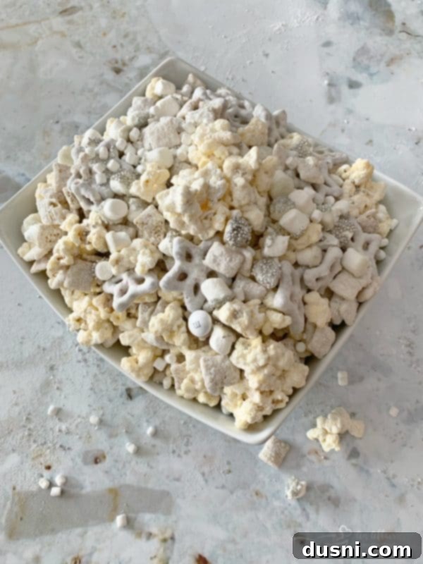 Enchanted Winter Mix 18 Close-up of Winter Wonderland Snack Mix, highlighting different components and sparkling sugar