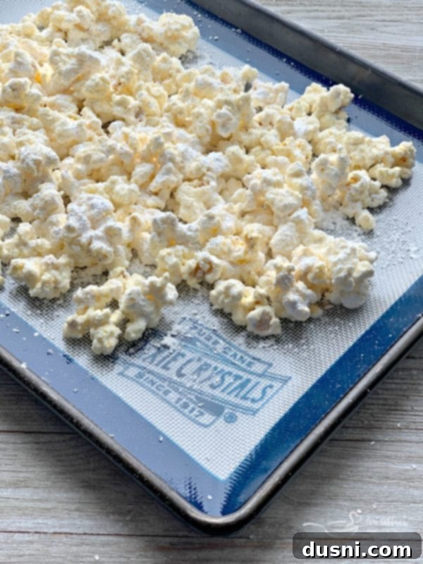 Enchanted Winter Mix 4 Detailed shot of Winter Wonderland Popcorn coated in white candy and powdered sugar