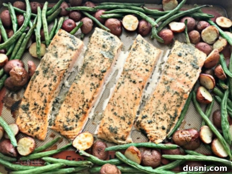Golden Roasted Salmon with Crispy Potatoes and Tender Green Beans 3 Roasted Salmon Sheet Pan Meal with Potatoes & Green Beans