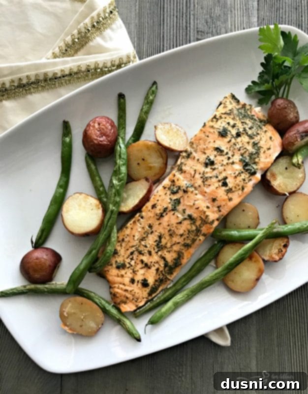 Golden Roasted Salmon with Crispy Potatoes and Tender Green Beans 8 Roasted Salmon Sheet Pan Meal with Potatoes & Green Beans