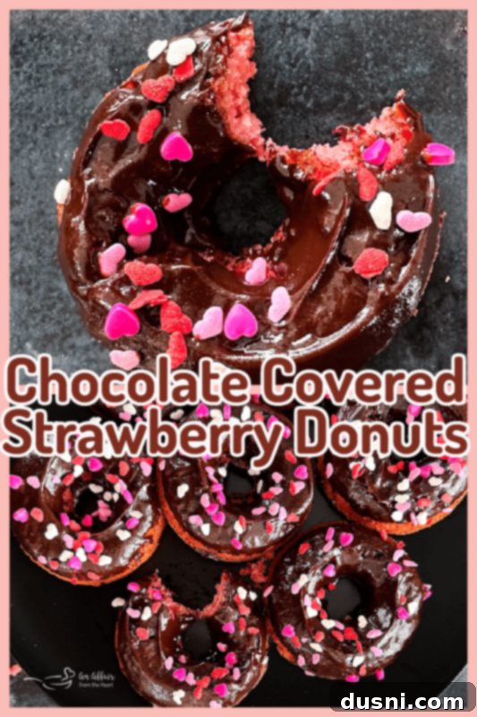 Decadent Baked Chocolate Covered Strawberry Donuts 14 Platter of baked chocolate covered strawberry donuts