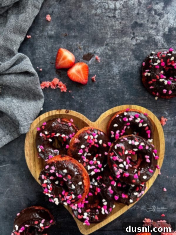 Decadent Baked Chocolate Covered Strawberry Donuts 17 Close up of chocolate covered strawberry donuts