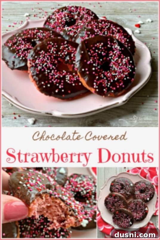 Decadent Baked Chocolate Covered Strawberry Donuts 23 Baked Chocolate Covered Strawberry Donuts on a rustic background