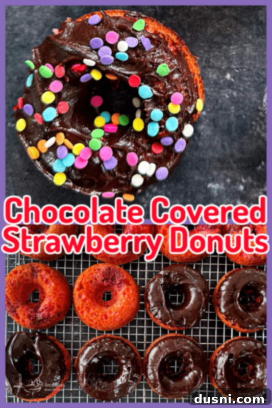 Decadent Baked Chocolate Covered Strawberry Donuts 24 Display of chocolate covered strawberry donuts