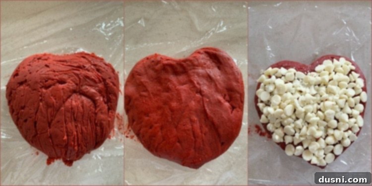 Crimson Velvet Cheese Bomb 5 Heart Shaped Red Velvet Cheese Ball in preparation, showing the shaping process and partial coating of white chocolate chips.