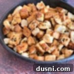 Homemade Croutons in a blue bowl