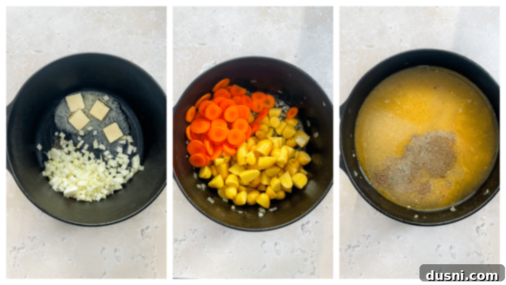 Corned Beef and Cabbage Comfort Soup 9 Cooking vegetables in a pot