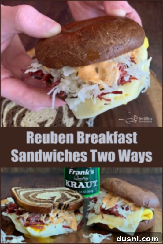 Reuben Breakfast Sandwiches Two Ways, one with fried egg, one with scrambled egg