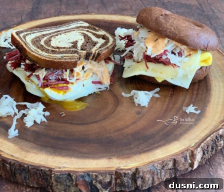 Reuben Breakfast Sandwiches Two Ways on a cutting board, ready to serve