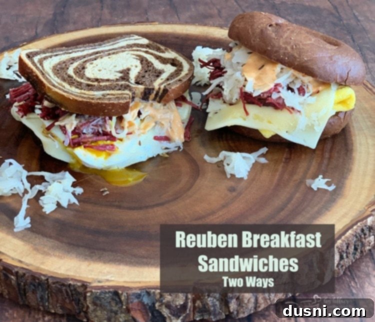 Reuben Breakfast Sandwiches Two Ways, hero shot on wooden board