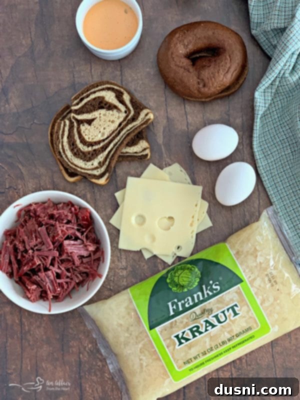 Reuben Breakfast Sandwiches prep ingredients laid out