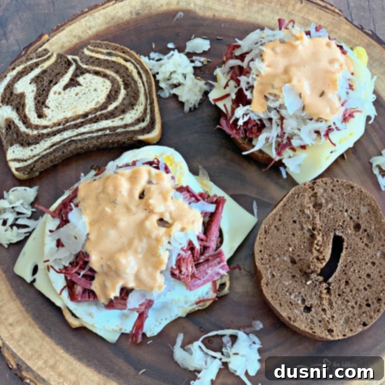 Reuben Breakfast Sandwiches Two Ways with ingredients being stacked