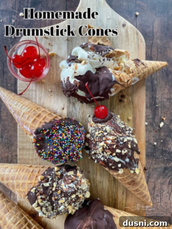 The Ultimate Homemade Drumsticks 13 Top view of six ice cream cones with cherries and nuts on a wooden board
