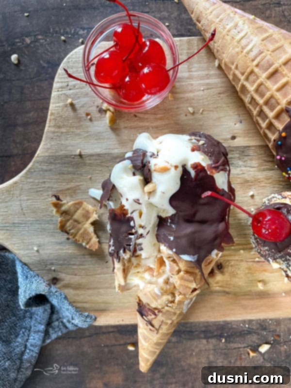 The Ultimate Homemade Drumsticks 3 Melted drumstick ice cream cone, showing layers of chocolate, ice cream, and fudge