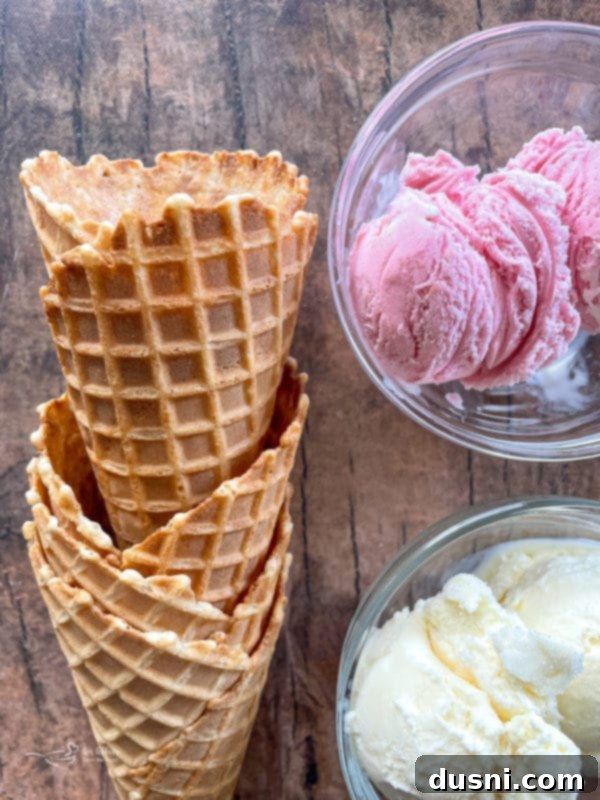 The Ultimate Homemade Drumsticks 5 Cones with vanilla and strawberry ice cream scoops