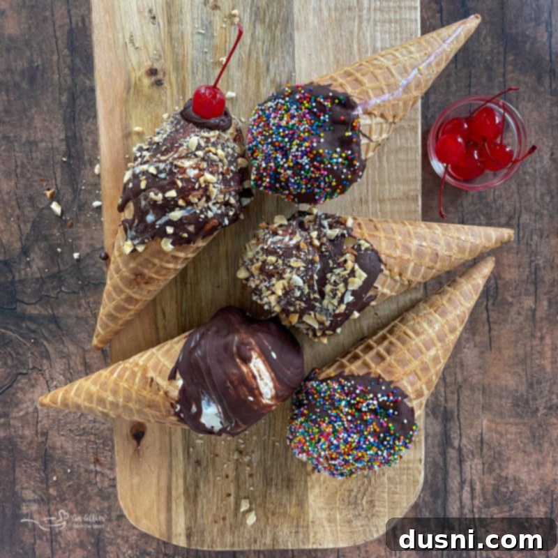 The Ultimate Homemade Drumsticks 7 Five chocolate dipped cones with nuts and cherries on a serving platter