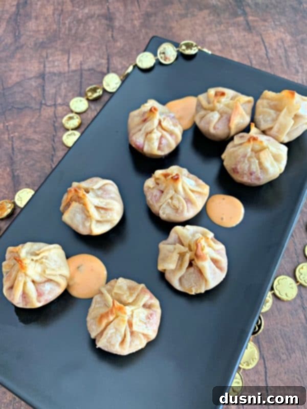 Reuben Wonton Purses freshly baked, golden brown and crispy