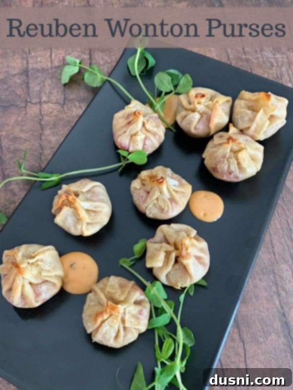 Reuben Wonton Purses, a beautiful hero shot on a serving plate