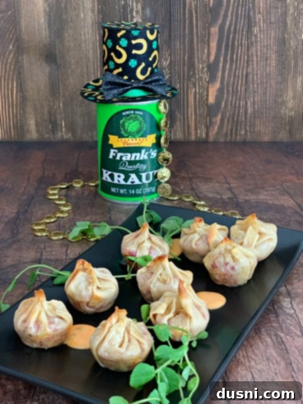 Close-up of Reuben Wonton Purses with Frank's Kraut in the background