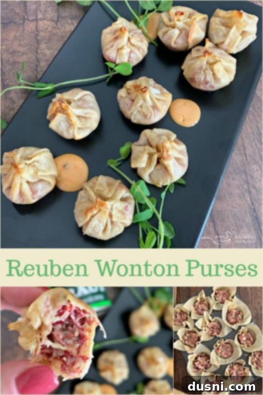 Reuben Wonton Purses on a white plate, ready to be served