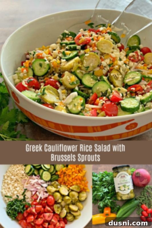 Greek Cauliflower Rice Salad with Brussels Sprouts in a serving bowl